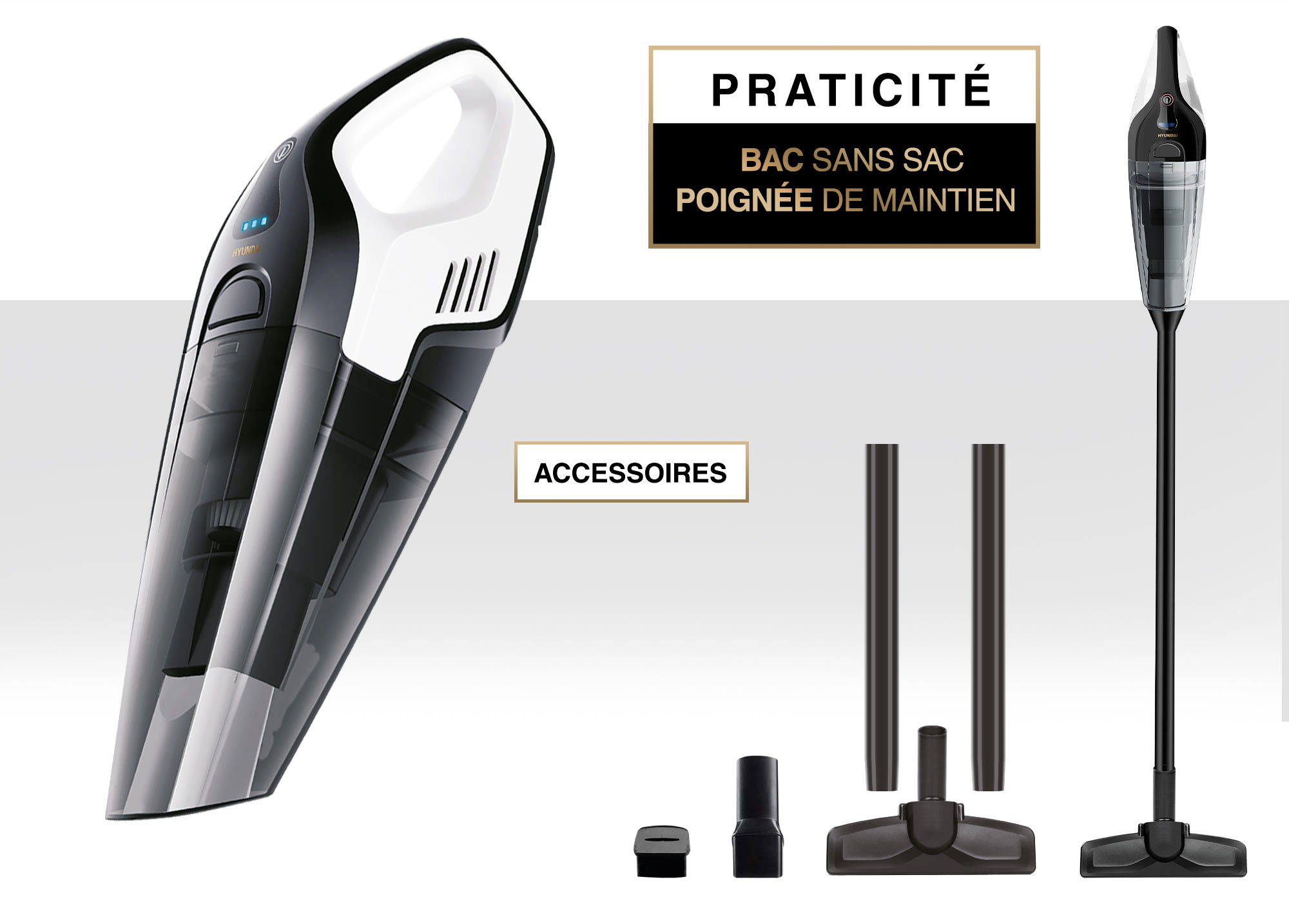 Aspirateur à main Hyundai Easy Sweep avec ses accessoires (2 tubes, brosse de sol, 2 embouts) et l'aspirateur balai assemblé