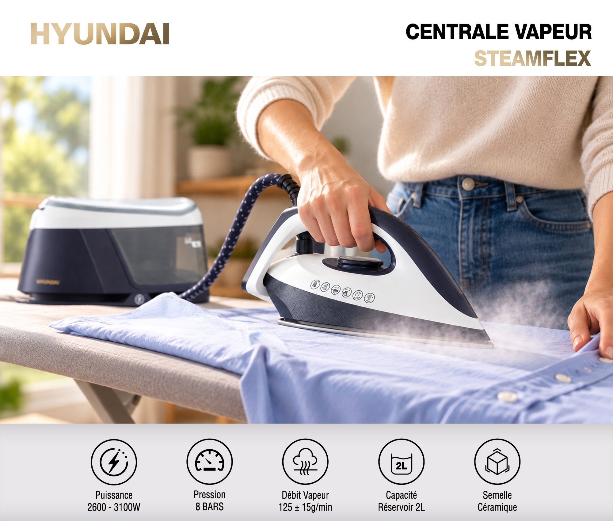 Repassage d'une chemise à la vapeur avec la centrale vapeur SteamFlex Hyundai
