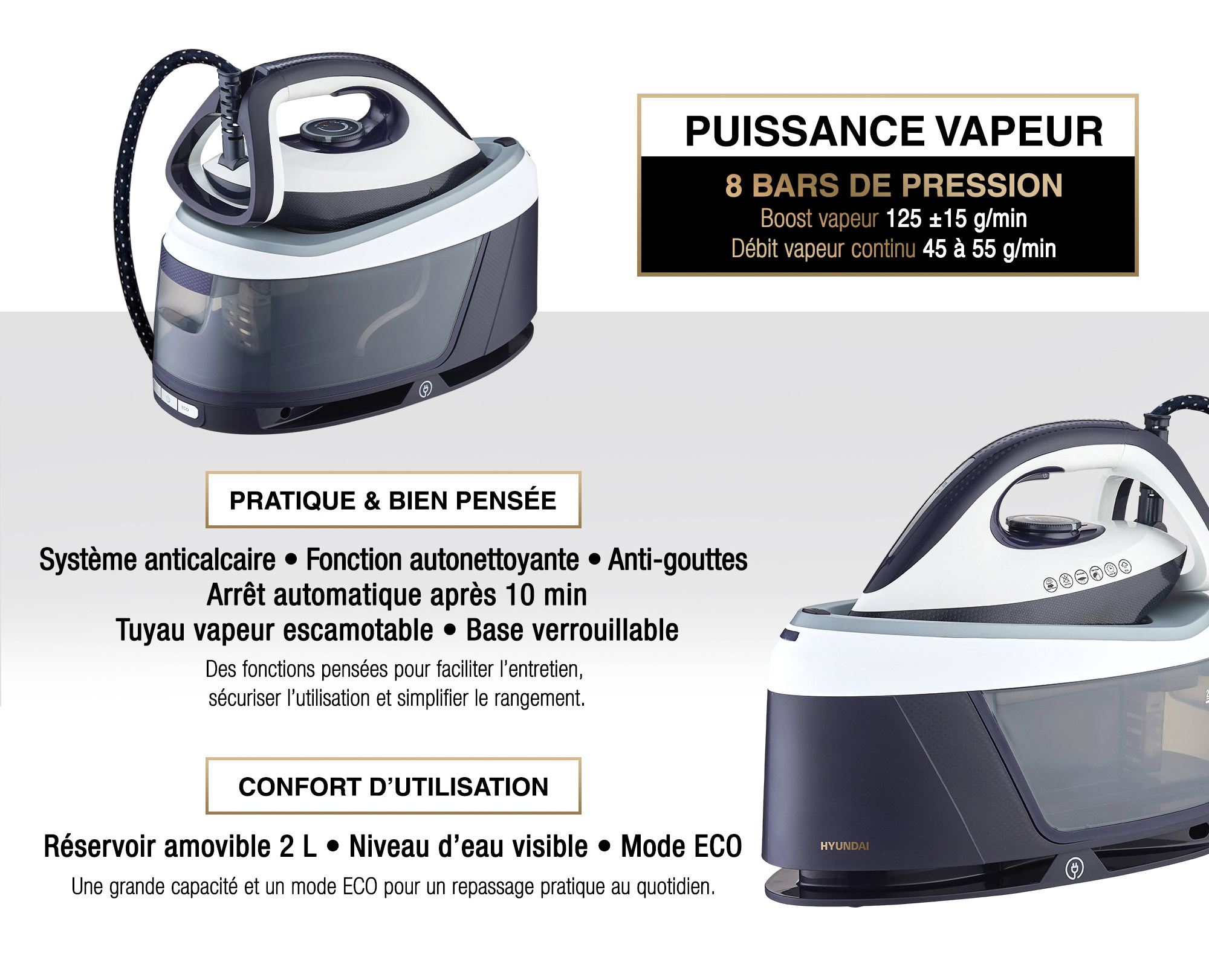 Centrale vapeur SteamFlex Hyundai 8 bars : boost vapeur 125 g/min, anticalcaire, arrêt automatique, réservoir amovible 2 L